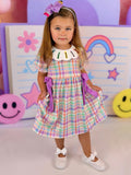 Back To School Plaid Crayon Embroidery Girls Dress Bow Puff Sleeve - 2