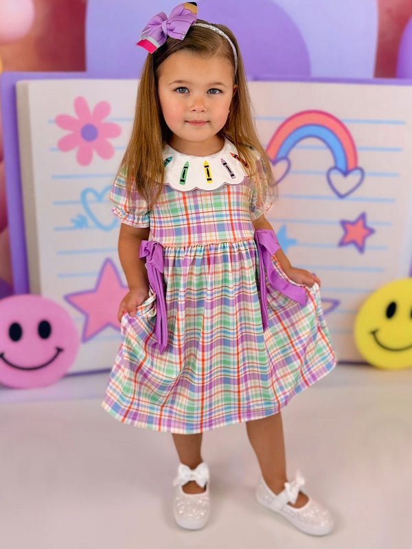 Back To School Plaid Crayon Embroidery Girls Dress Bow Puff Sleeve