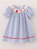 Girls Back to School Smocking Pencil Apple Embroidered Plaid Dress - 1