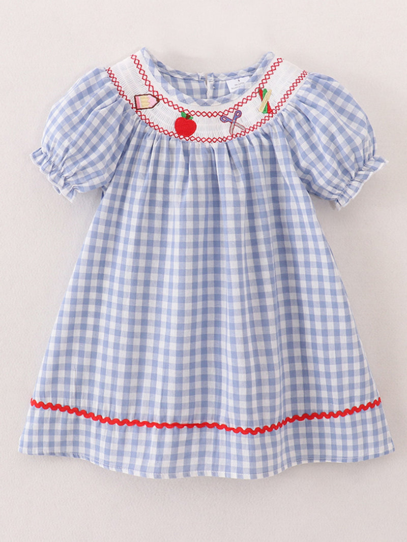 Girls Back to School Smocking Pencil Apple Embroidered Plaid Dress - 1