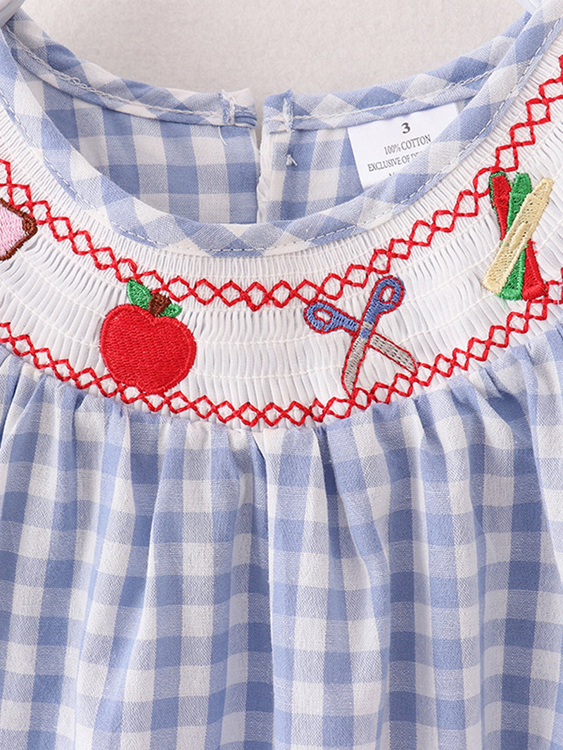 Girls Back to School Smocking Pencil Apple Embroidered Plaid Dress - 3