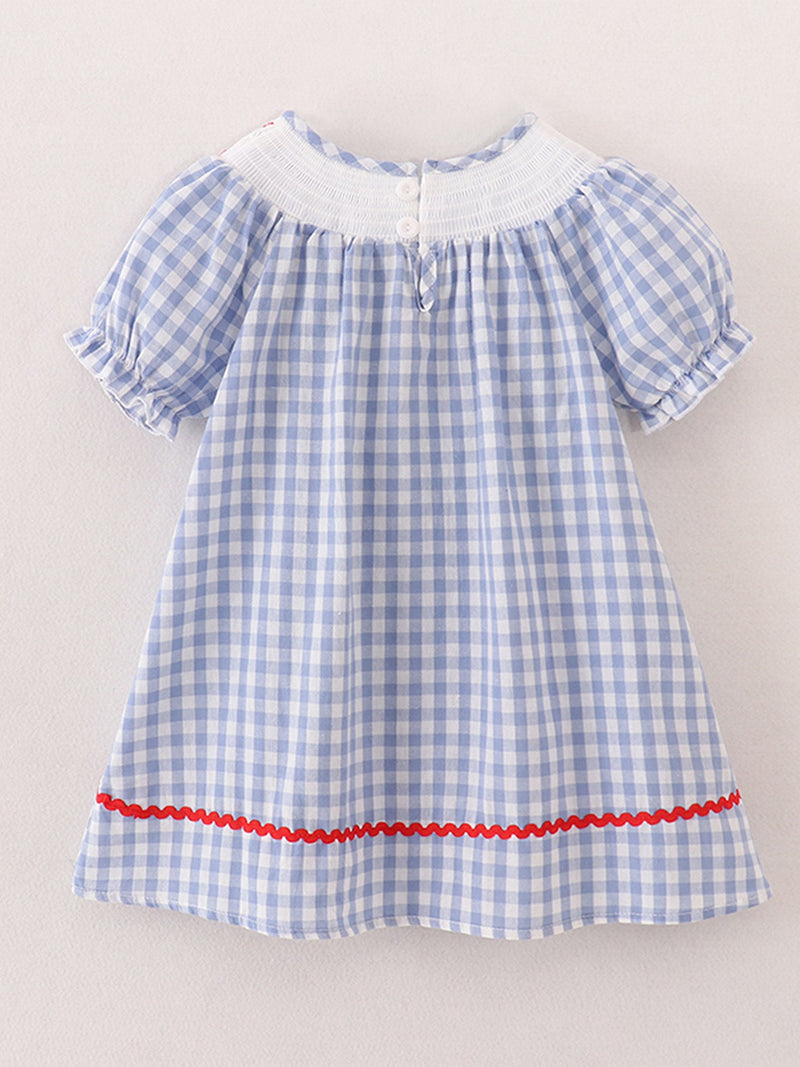 Girls Back to School Smocking Pencil Apple Embroidered Plaid Dress - 2