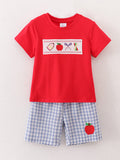 Boys Back to School Pencil Apple Applique Plaid Shorts Set - 7