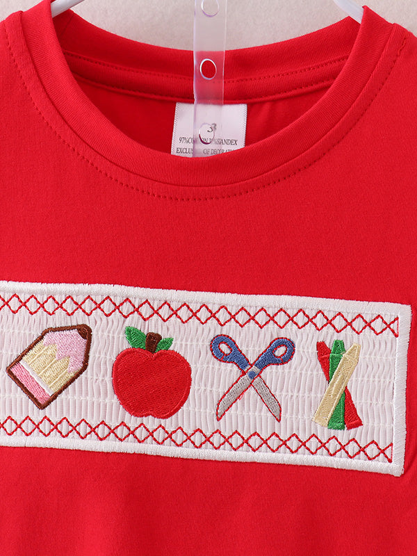 Boys Back to School Pencil Apple Applique Plaid Shorts Set - 8