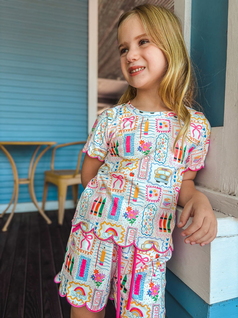 Back to School Print Girl Short Set Scallop Hem - 18