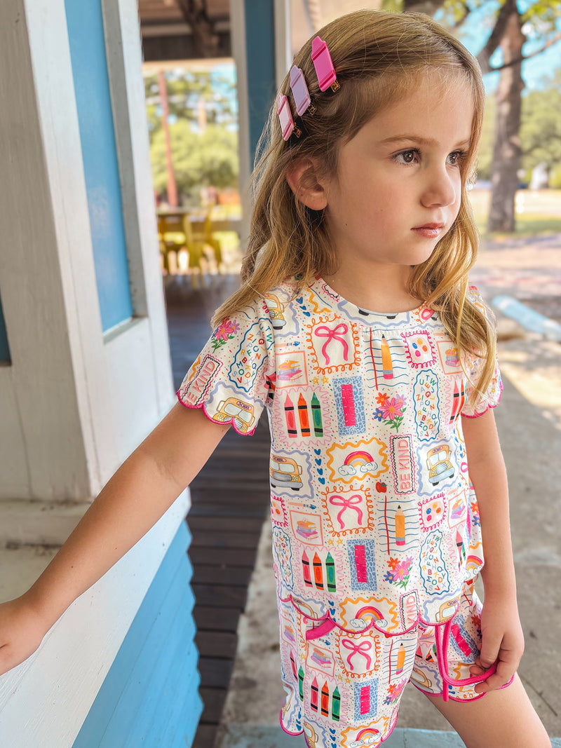 Back to School Print Girl Short Set Scallop Hem - 19