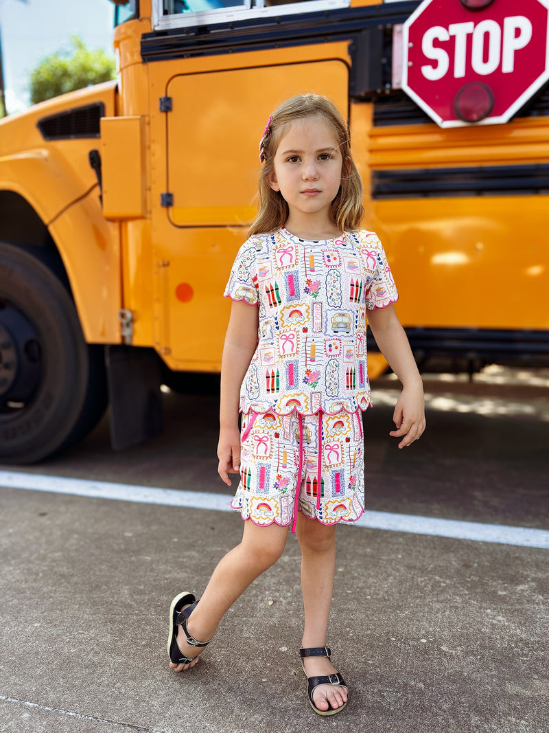 Back to School Print Girl Short Set Scallop Hem - 20