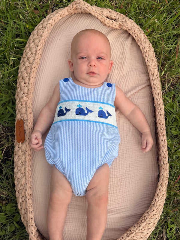 Summer Whale Embroidery Baby Boys Jonjon Stripe Romper