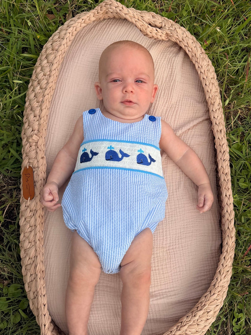 Summer Whale Embroidery Baby Boys Jonjon Stripe Romper - 1
