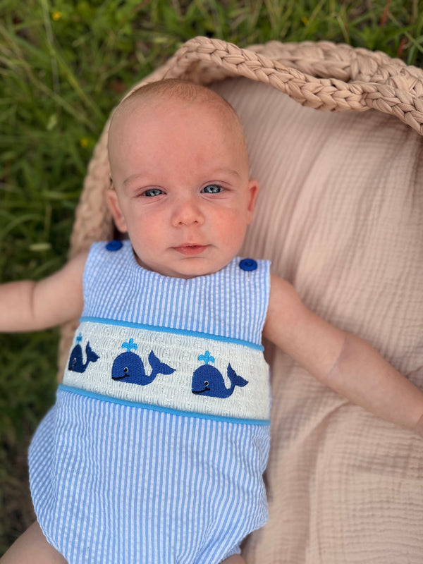 Summer Whale Embroidery Baby Boys Jonjon Stripe Romper