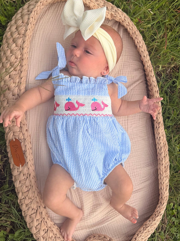 Whale Embroidered Smocked Seersucker Baby Romper