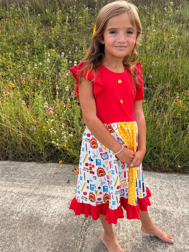 Girls Back To School Pencil Twirl Dress Ruffle Patchwork - 5