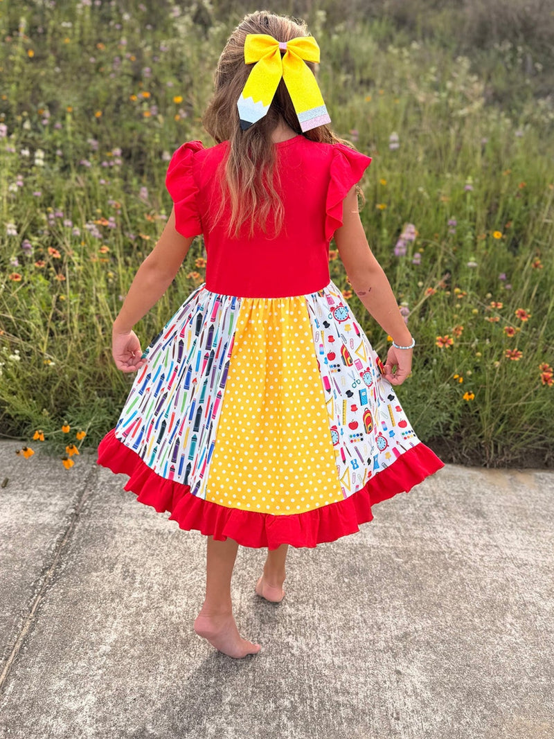 Girls Back To School Pencil Twirl Dress Ruffle Patchwork - 2