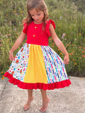 Girls Back To School Pencil Twirl Dress Ruffle Patchwork - 1
