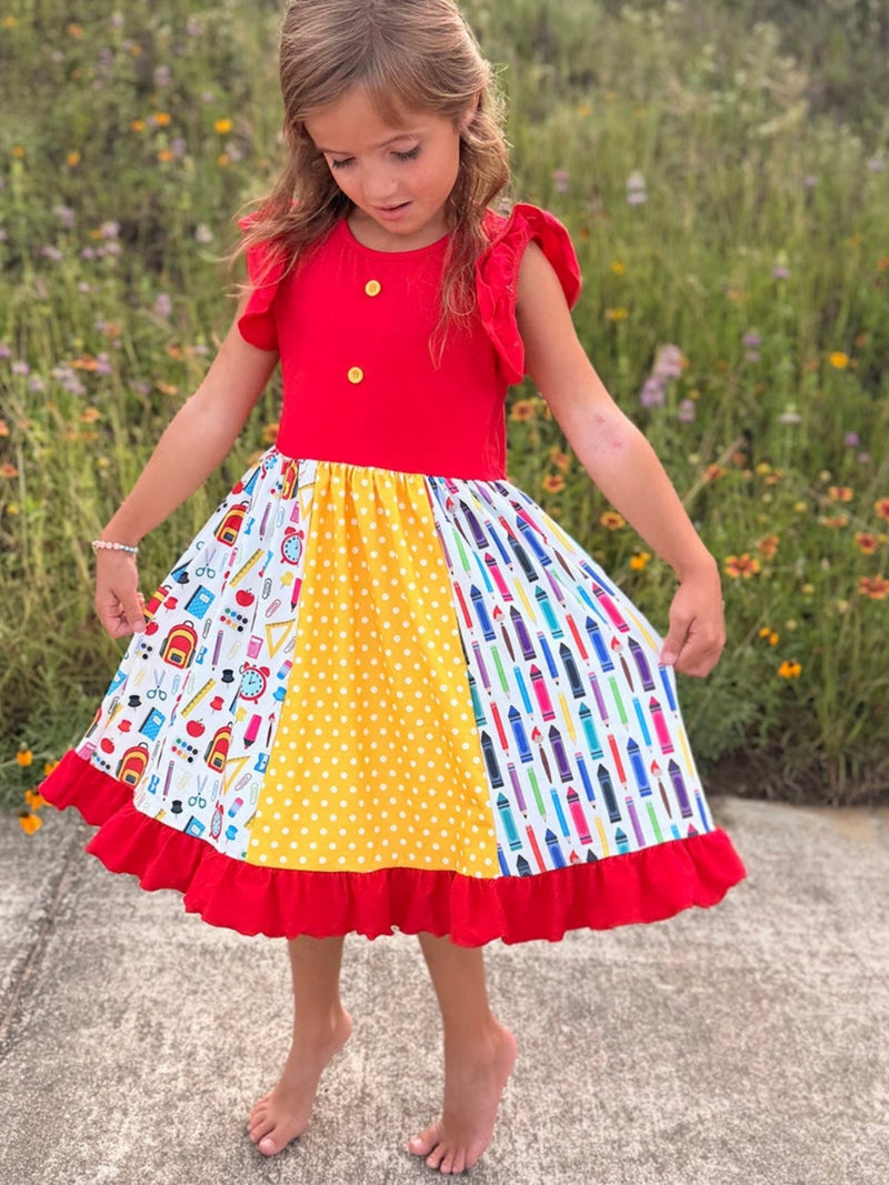 Girls Back To School Pencil Twirl Dress Ruffle Patchwork - 1