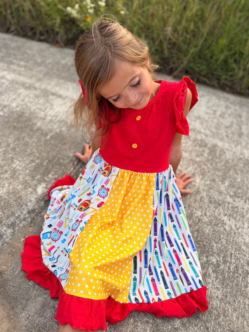 Girls Back To School Pencil Twirl Dress Ruffle Patchwork - 4