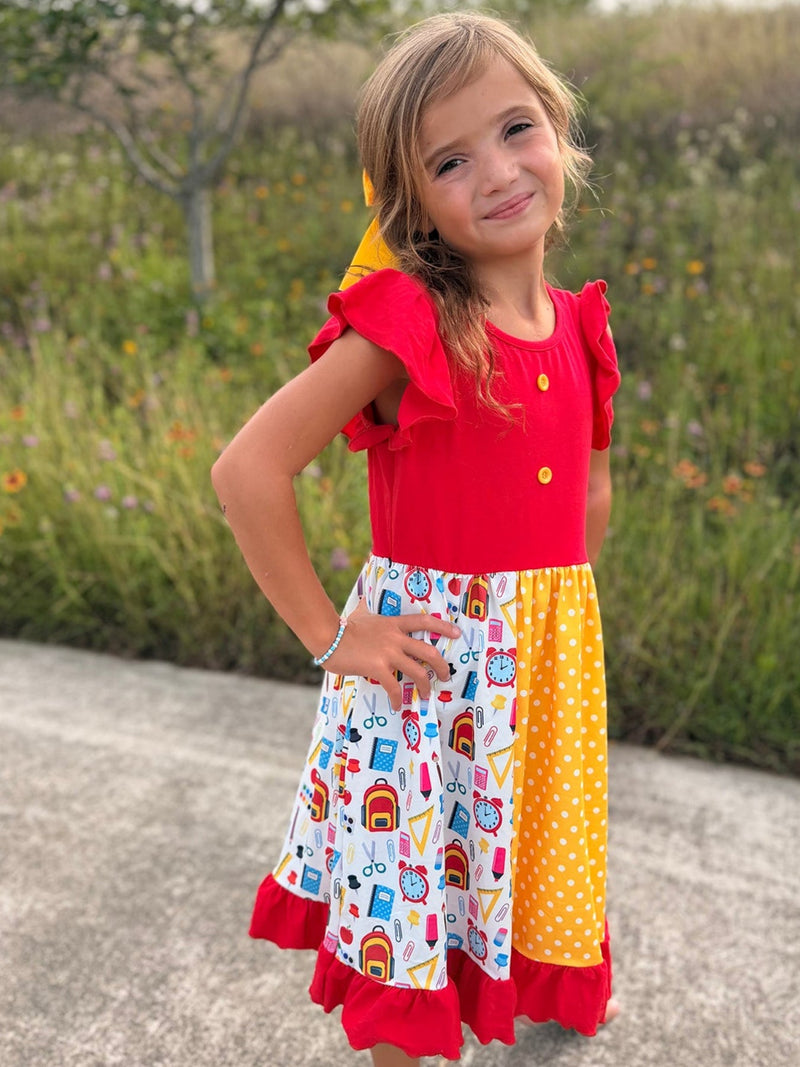 Girls Back To School Pencil Twirl Dress Ruffle Patchwork - 3