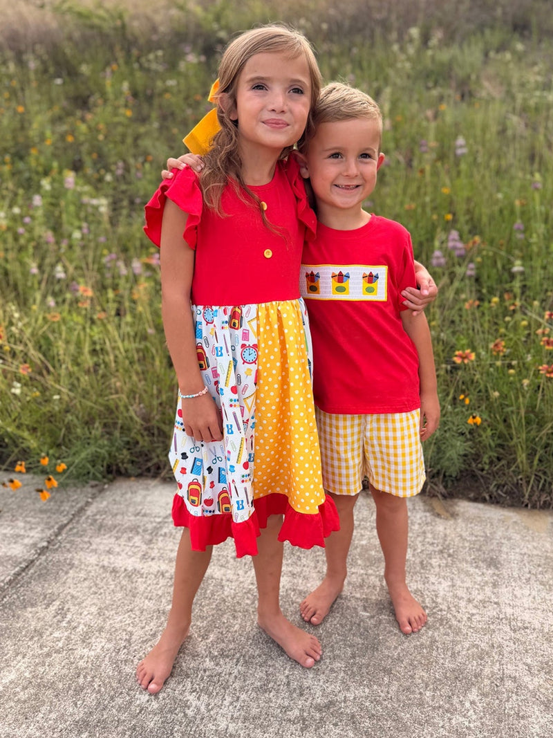 Girls Back To School Pencil Twirl Dress Ruffle Patchwork - 6