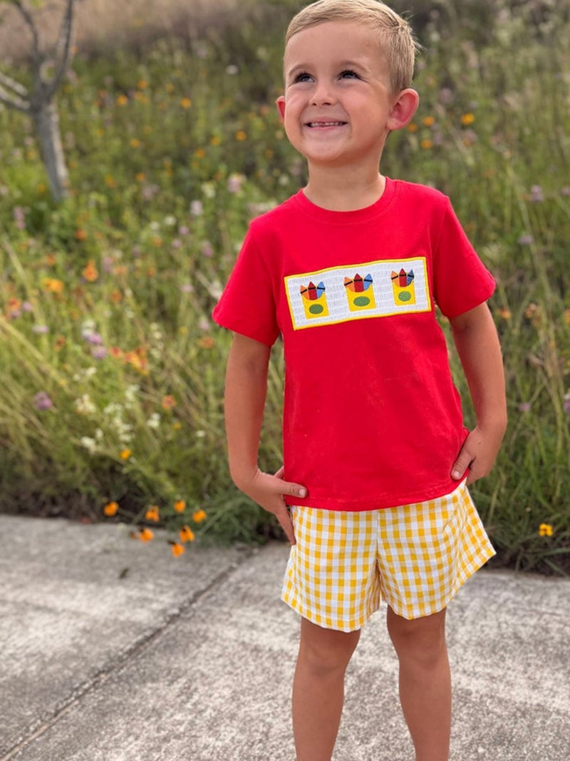 Back to School Crayon Smocked Boys Plaid Shorts Set - 2