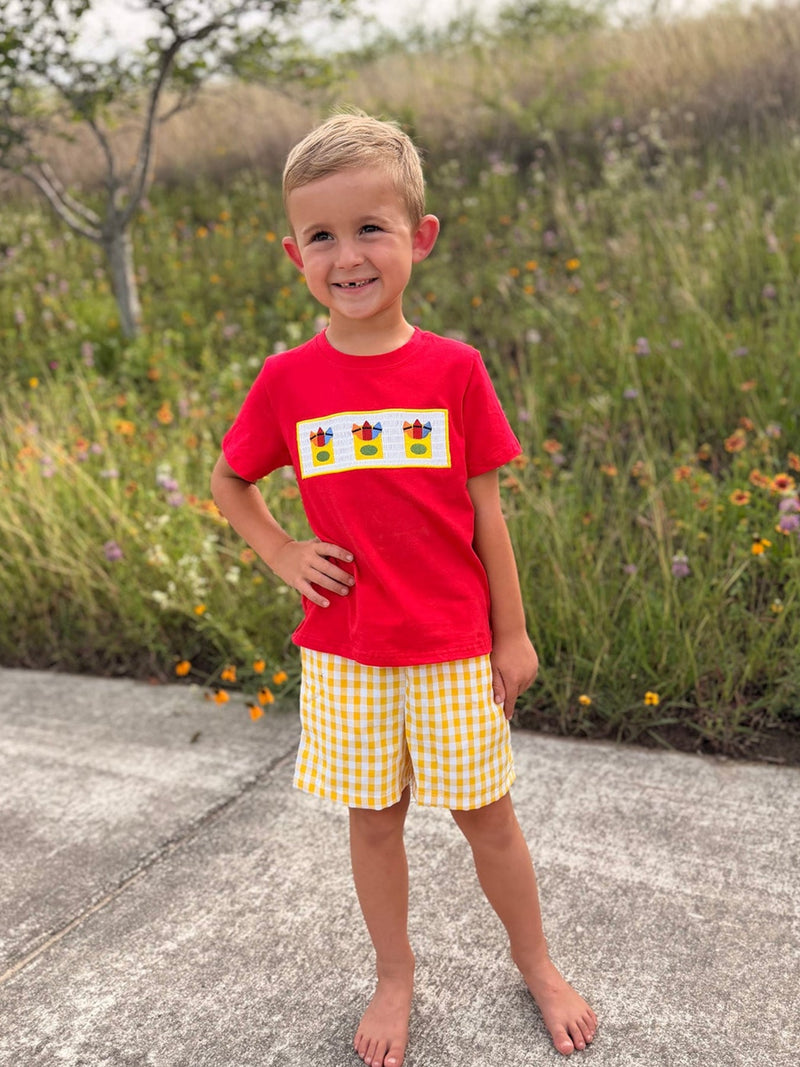 Back to School Crayon Smocked Boys Plaid Shorts Set - 1