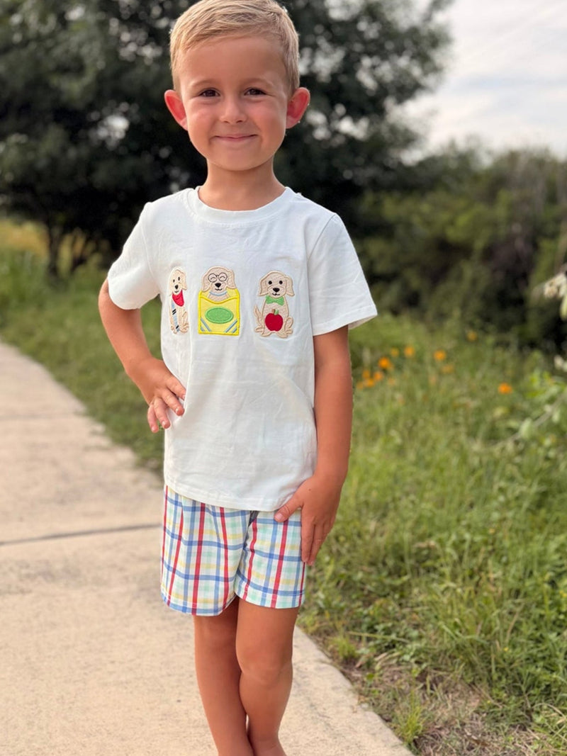 Boys Back To School Dog Plaid Short Set Applique - 1