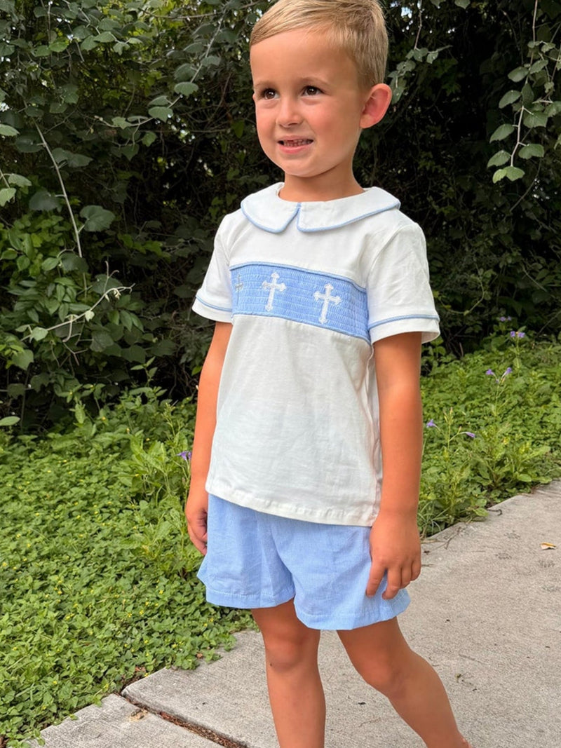 Blue Smocked Church Christ Bishop Christening Toddler Boys'Set - 1