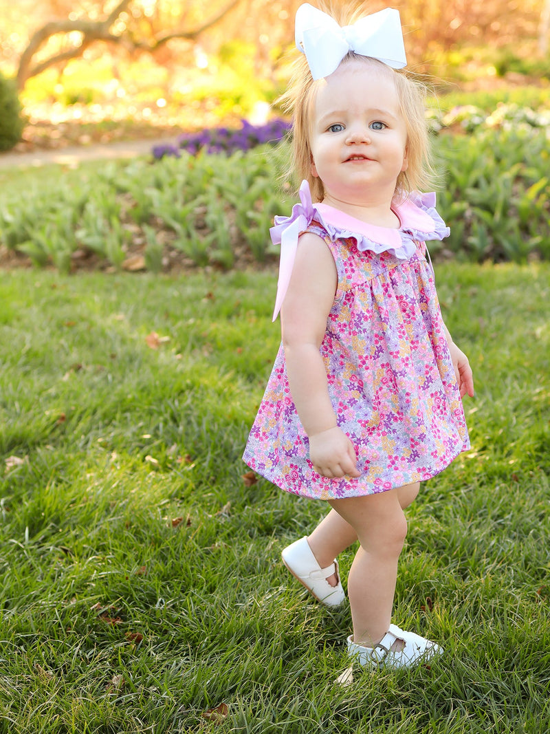 Spring Purple Floral Bow Ruffle Girl Bloomer Set - 2
