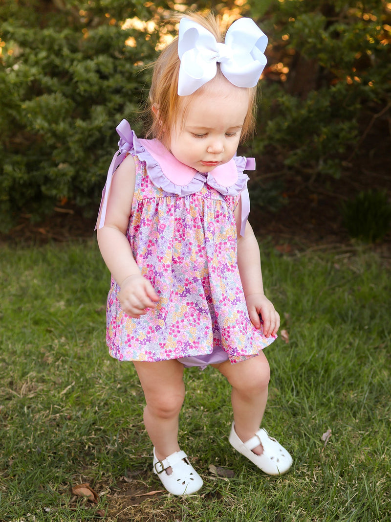 Spring Purple Floral Bow Ruffle Girl Bloomer Set - 1