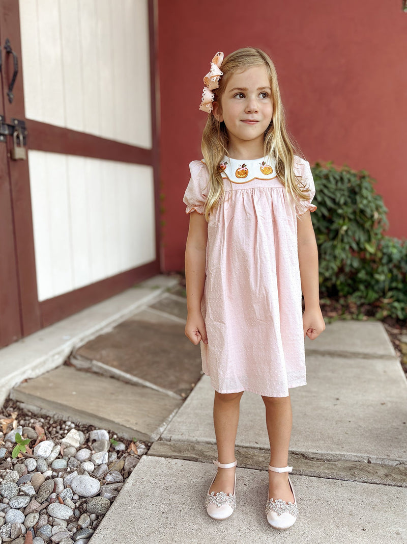 Halloween Pumpkin Applique Girls Puff Sleeve Dress - 3