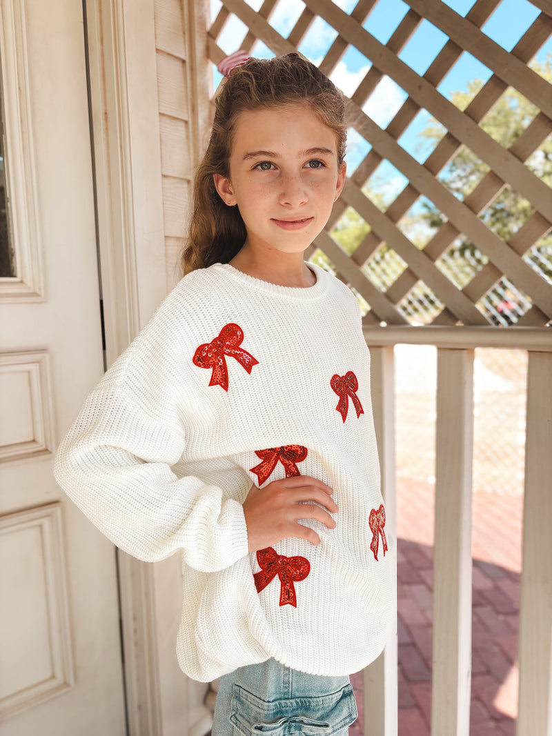 Mommy & Me Winter Girls Bow Sequins Pullover Sweater - 3