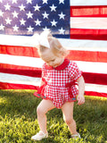 4th of July Flag Plaid Girl Peter Pan Collar Romper Bow - 3
