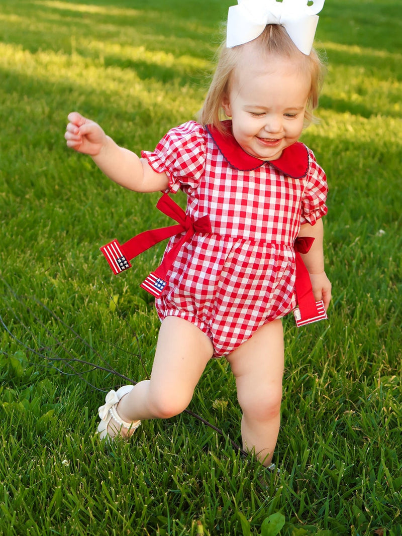4th of July Flag Plaid Girl Peter Pan Collar Romper Bow - 1