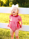 4th of July Flag Plaid Girl Peter Pan Collar Romper Bow - 2
