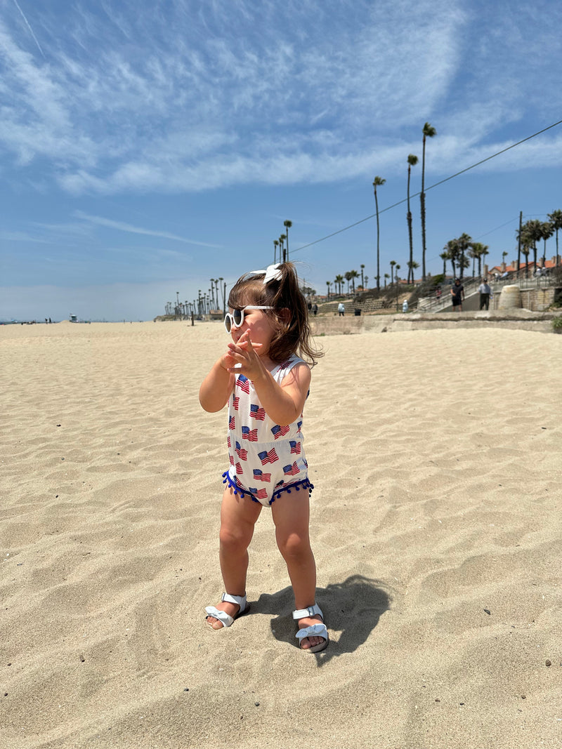Dillon Pom Pom Romper - Patriotic Flags - 4