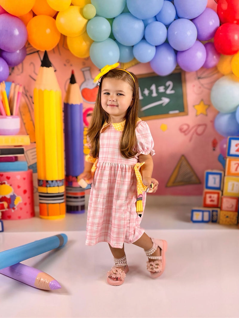 Girls Back To School Pencil Twirl Dress Bow Applique Smocked - 6