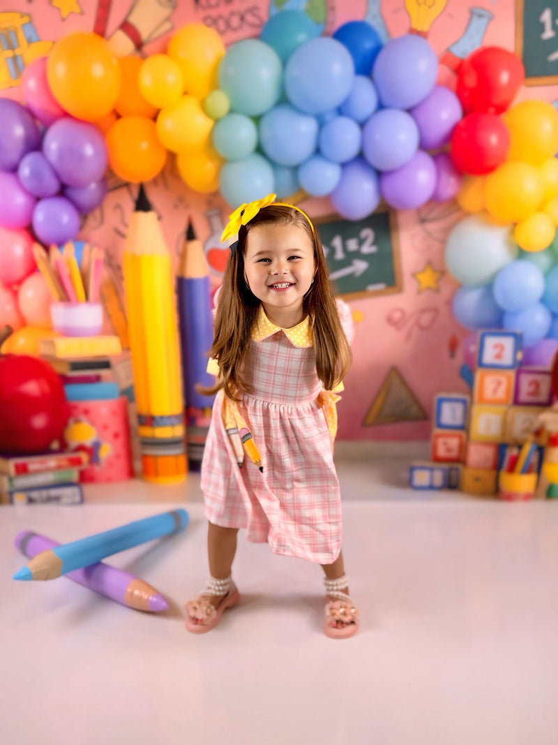 Girls Back To School Pencil Twirl Dress Bow Applique Smocked - 7