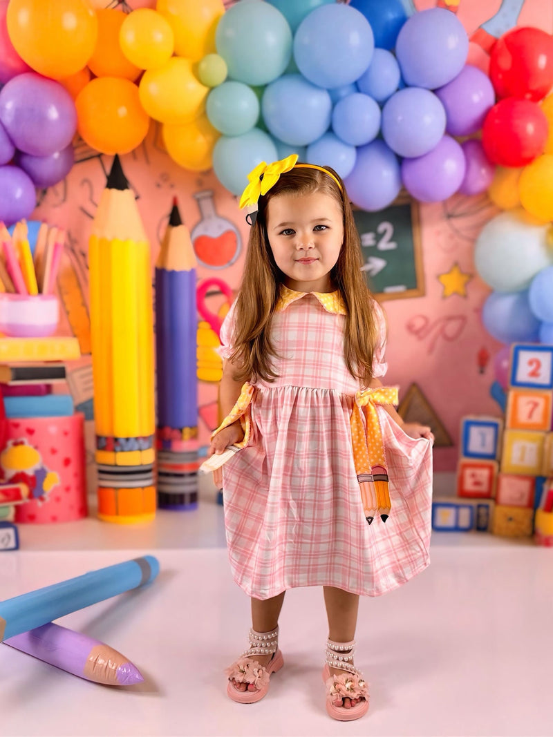 Girls Back To School Pencil Twirl Dress Bow Applique Smocked - 3