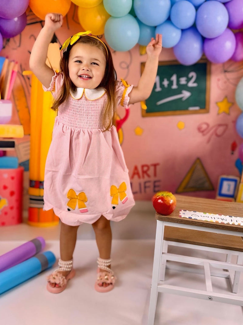 Girls Back To School Pencil Twirl Dress Bow Applique Smocked - 2