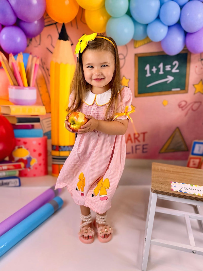 Girls Back To School Pencil Twirl Dress Bow Applique Smocked - 5