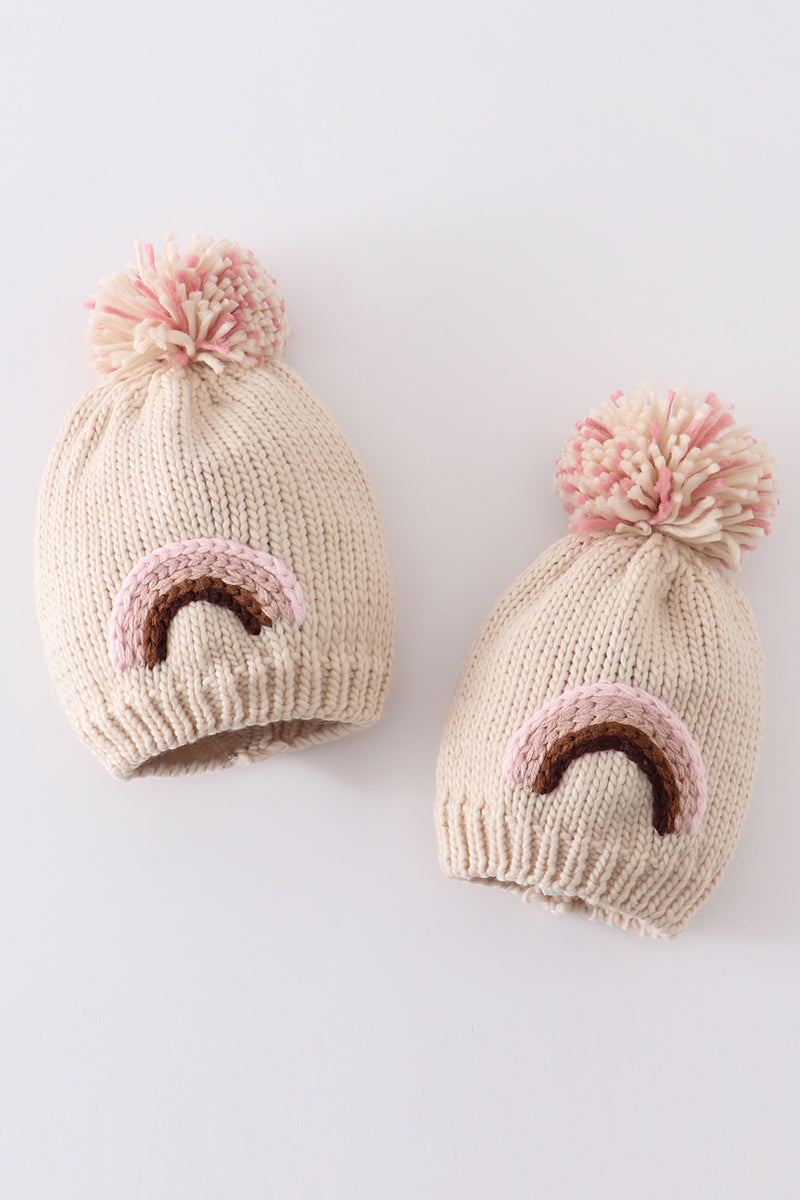Rainbow hand embroidered pom pom beanie hat - 1