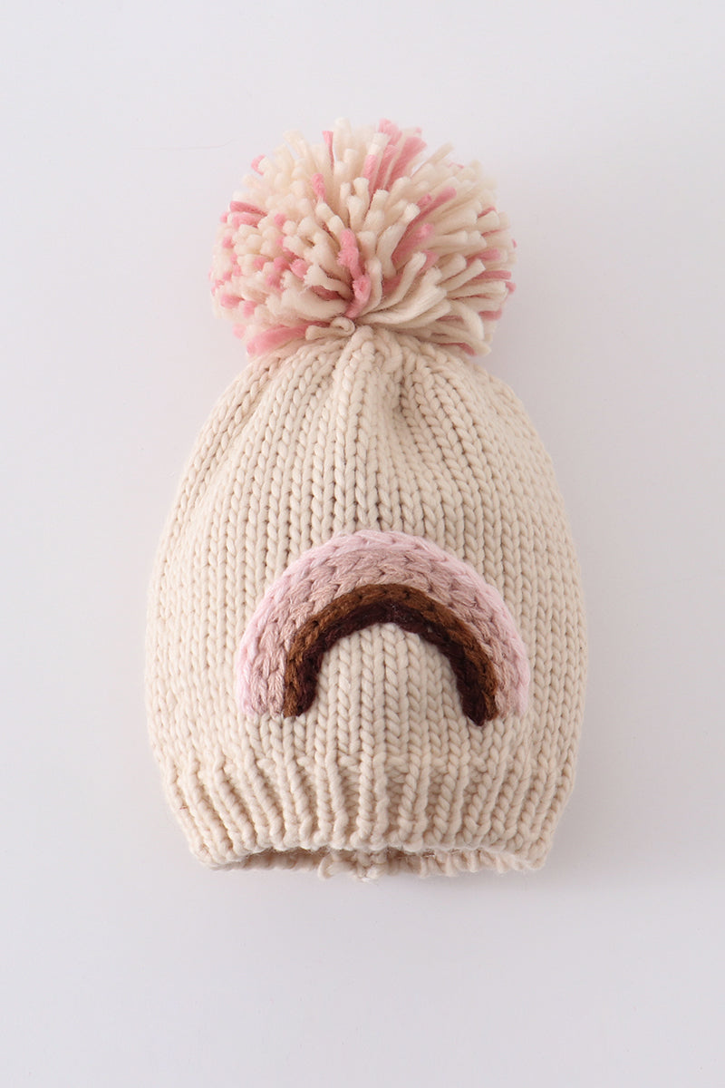 Rainbow hand embroidered pom pom beanie hat - 3