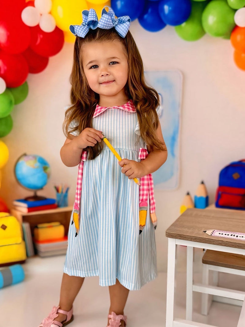 Back To School Girls Striped lapels Bow Dress - 11