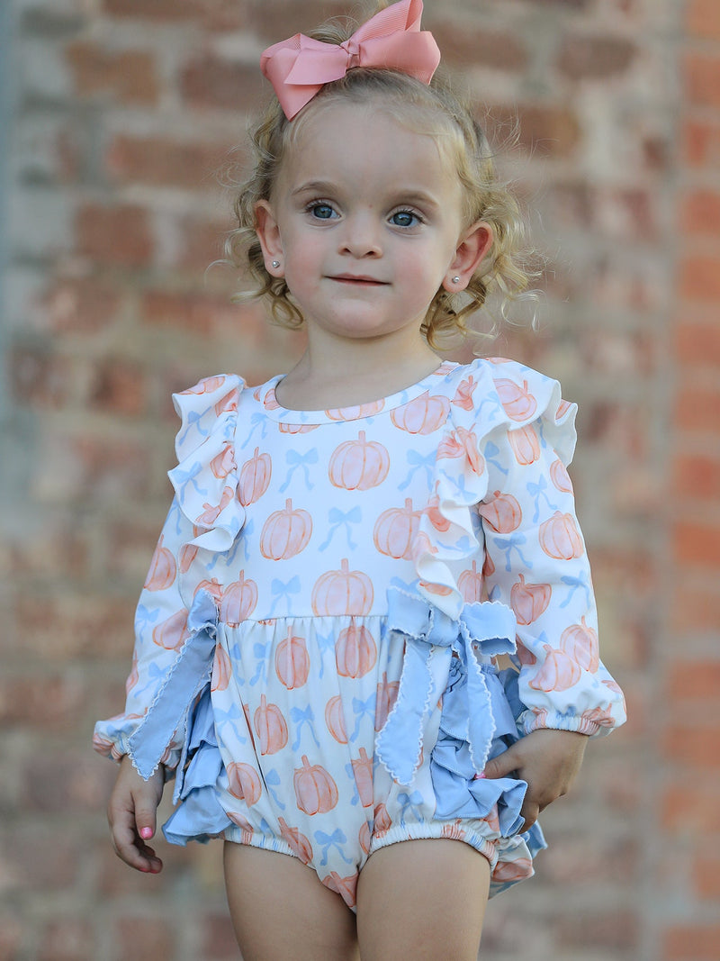 Halloween Thanksgiving Baby Girls Pumpkin Bow Ruffle Bubble Romper - 1