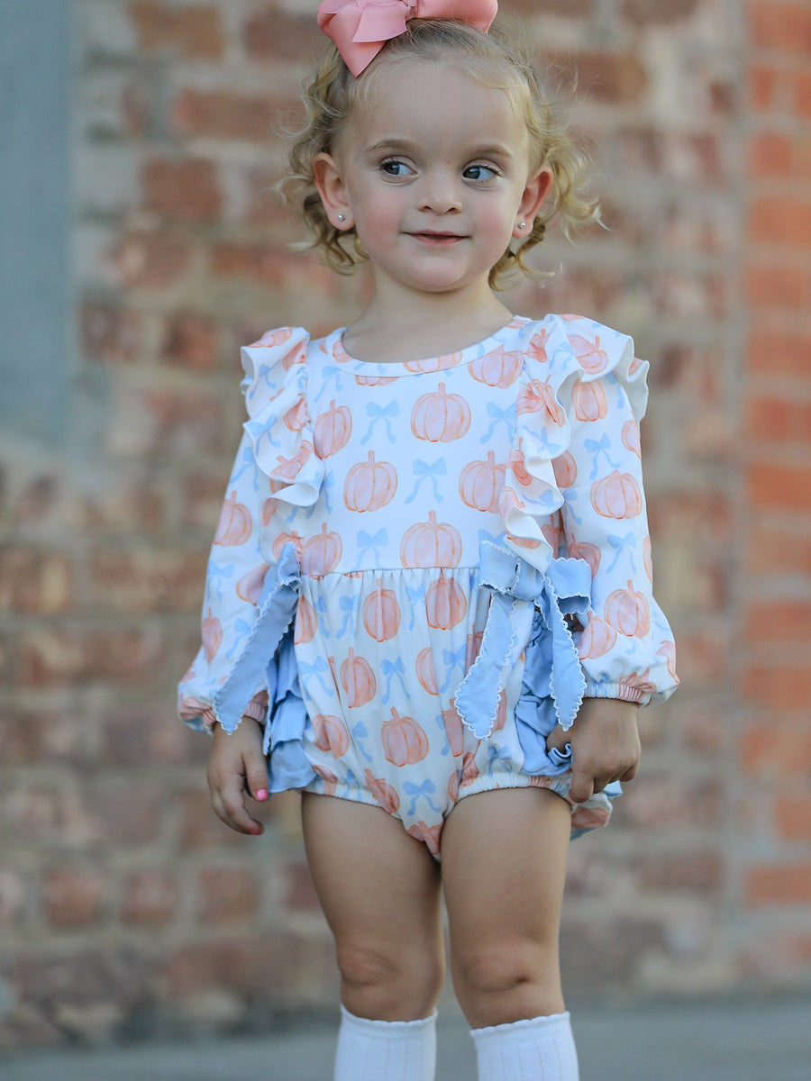 Halloween Thanksgiving Baby Girls Pumpkin Bow Ruffle Bubble Romper