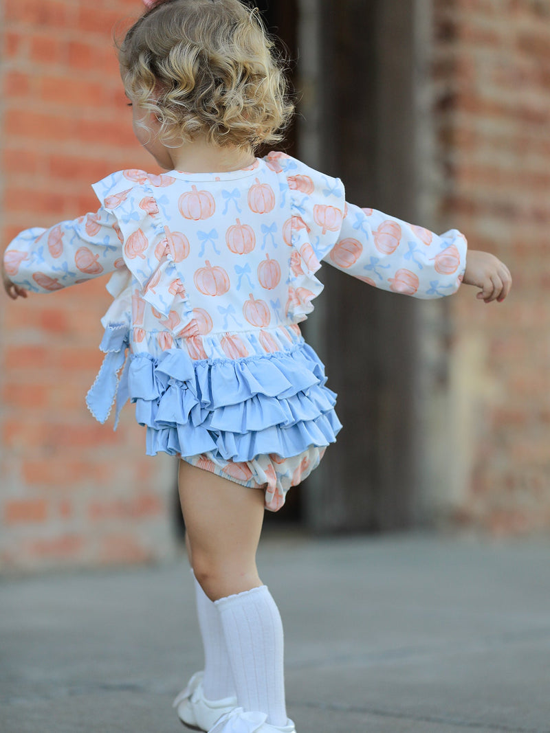Halloween Thanksgiving Baby Girls Pumpkin Bow Ruffle Bubble Romper - 5