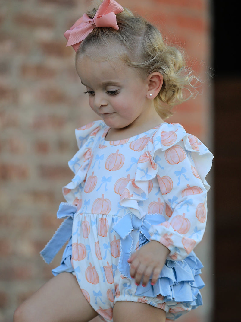 Halloween Thanksgiving Baby Girls Pumpkin Bow Ruffle Bubble Romper - 3