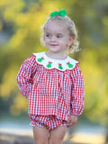 Christmas Tree Embroidery Red Gingham Long Sleeve Baby Girl Bloomers Set - 2