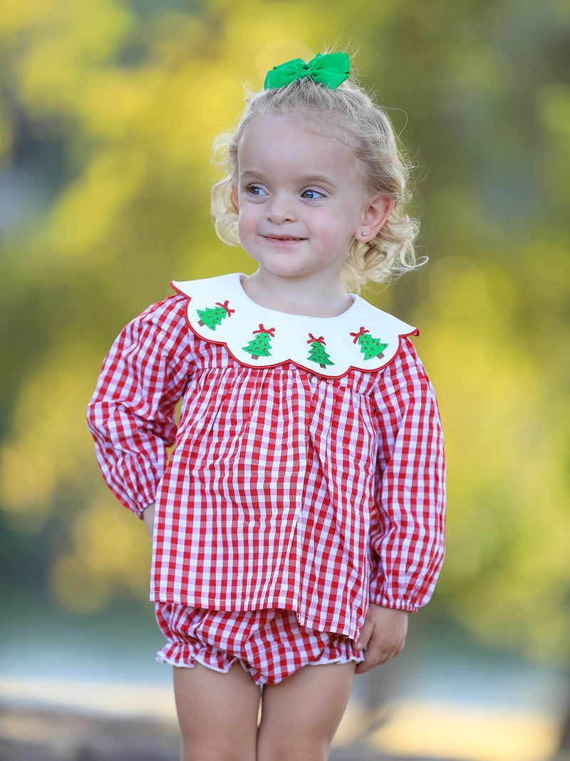 Christmas Tree Embroidery Red Gingham Long Sleeve Baby Girl Bloomers Set - 2