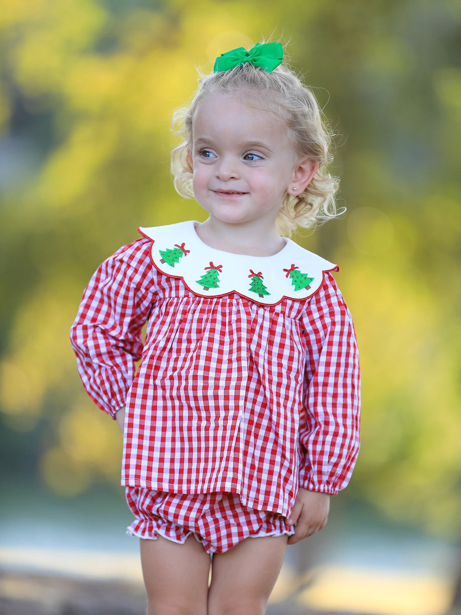 Christmas Tree Embroidery Red Gingham Long Sleeve Baby Girl Bloomers Set