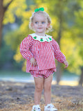Christmas Tree Embroidery Red Gingham Long Sleeve Baby Girl Bloomers Set - 6